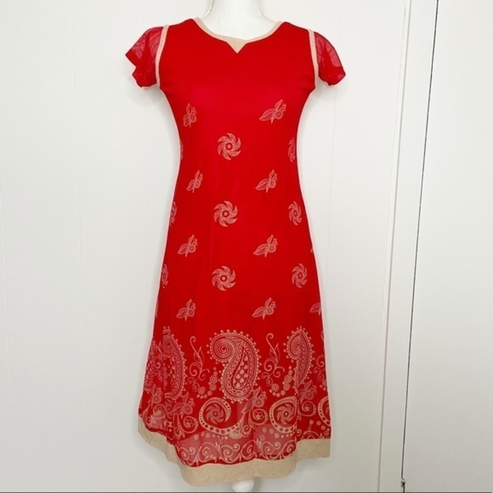 Vintage 1990’s 90’s red mesh cap sleeve midi dress paisley bandanna pattern M